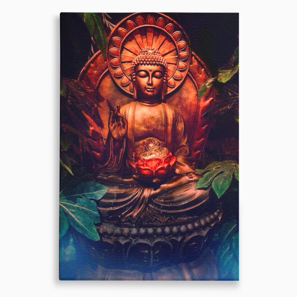 Tablou canvas cu tablou canvas cu statuie buddha in meditatie, fara rama, pe sasiu de lemn